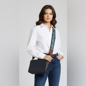 New Vintage woven black base blue floral pattern shoulder strap with clips, 28x2